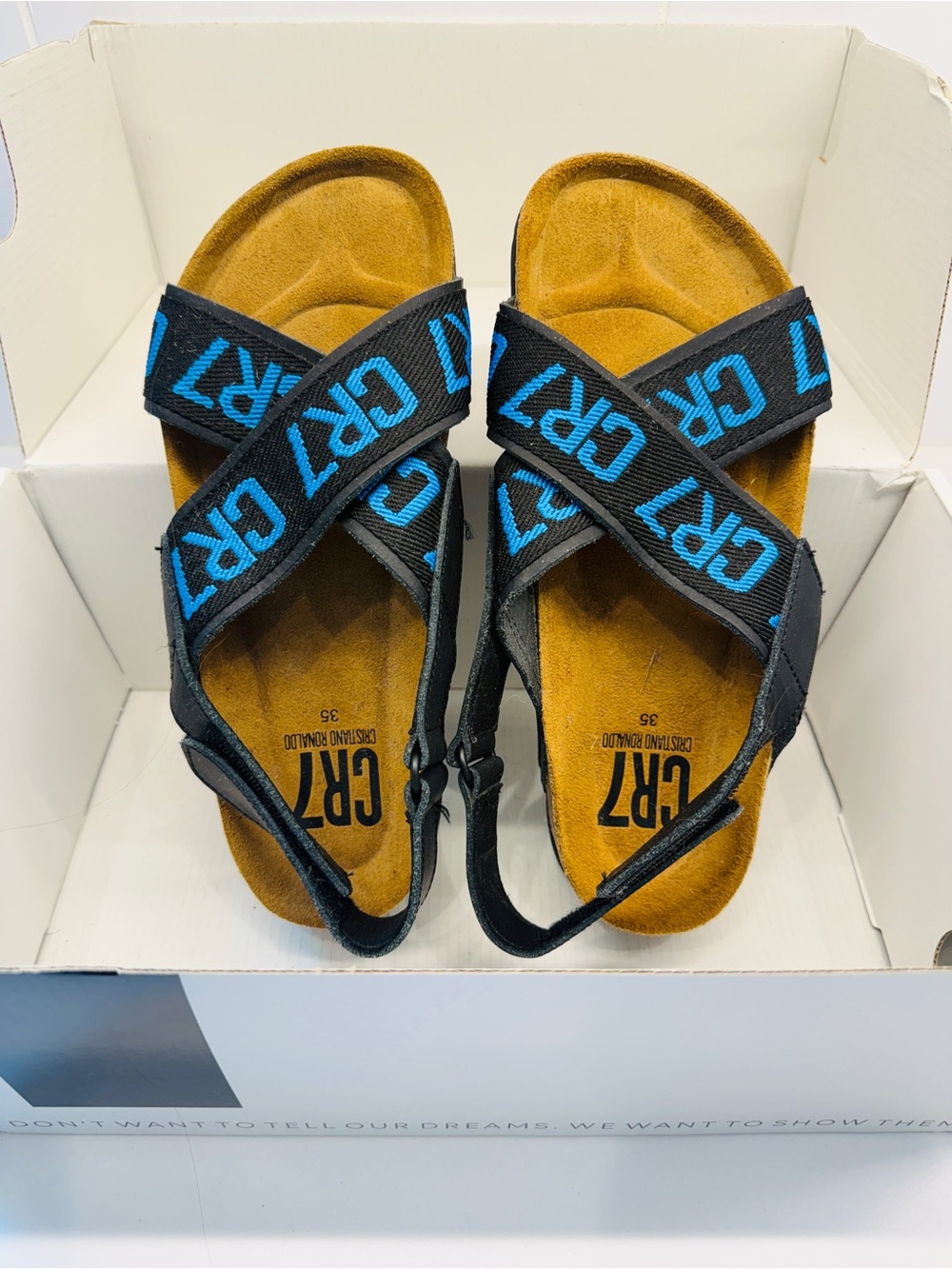 Kids Black Christian Ronaldo Sandals with Blue Accents sz35 (3)